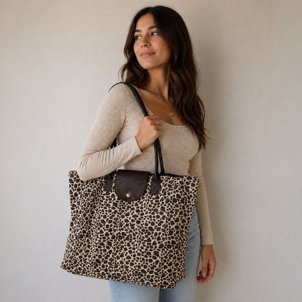 Mainstreet Collection  MSC Foldable Tote Brown Leopard Cat Cheetah Large